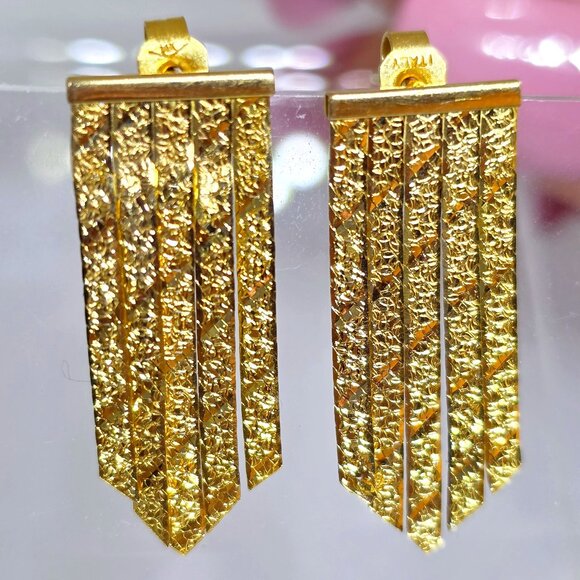 Vintage 14k Herringbone Chain Floral Pattern Chevron Dangle Italy Earrings - Picture 4 of 15